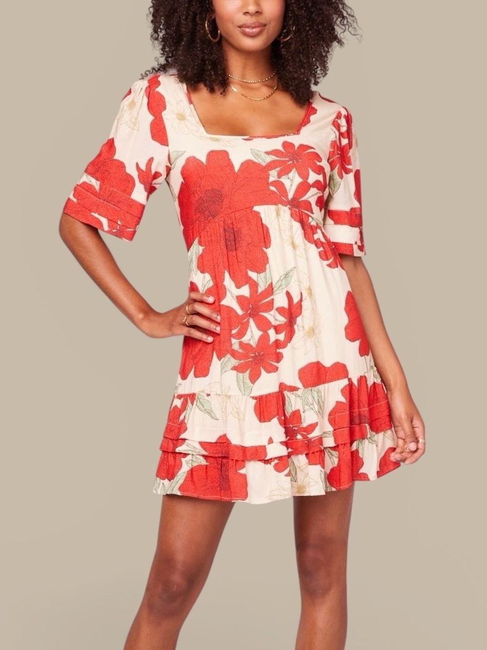 B.O.G Collective Floral Red/Cream Poppy Print Square Neck Ruffle Hem Mini Dress